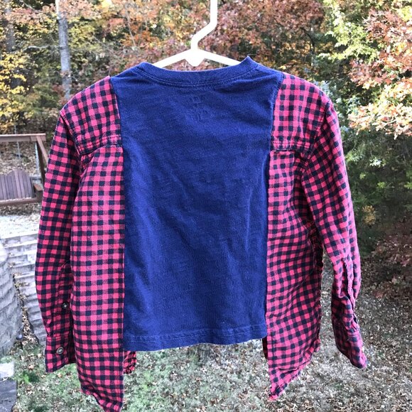 Upcycled Kid’s Flannel Tee: Dinosaur Graphic T-Shirt w/Flannel Sleeves, Size 2-4 - Picture 4 of 9
